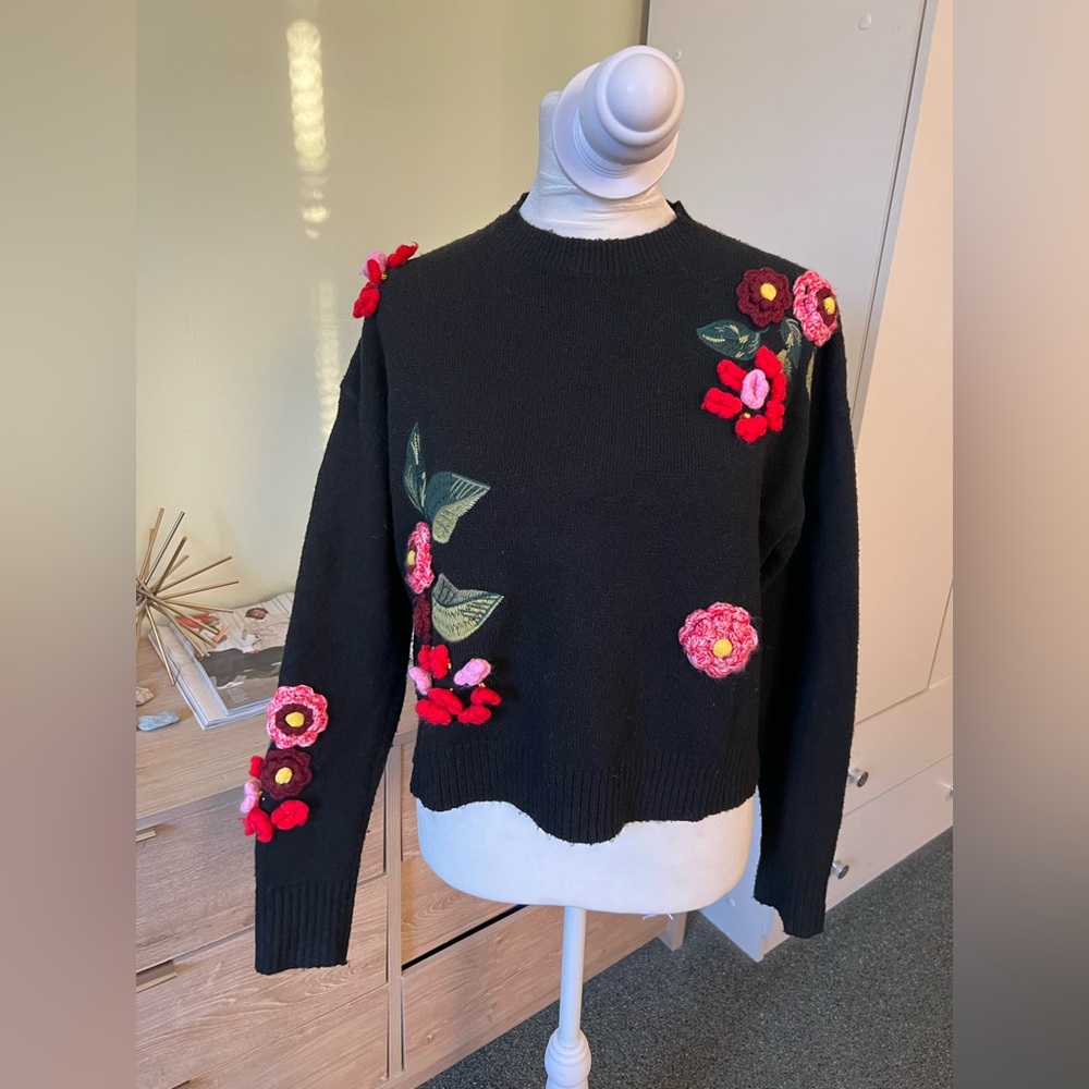 3D Flower Appliqué Tufted Embroidered Wool Blend Oversized Baggy Modest Sweater - Picture 9 of 16